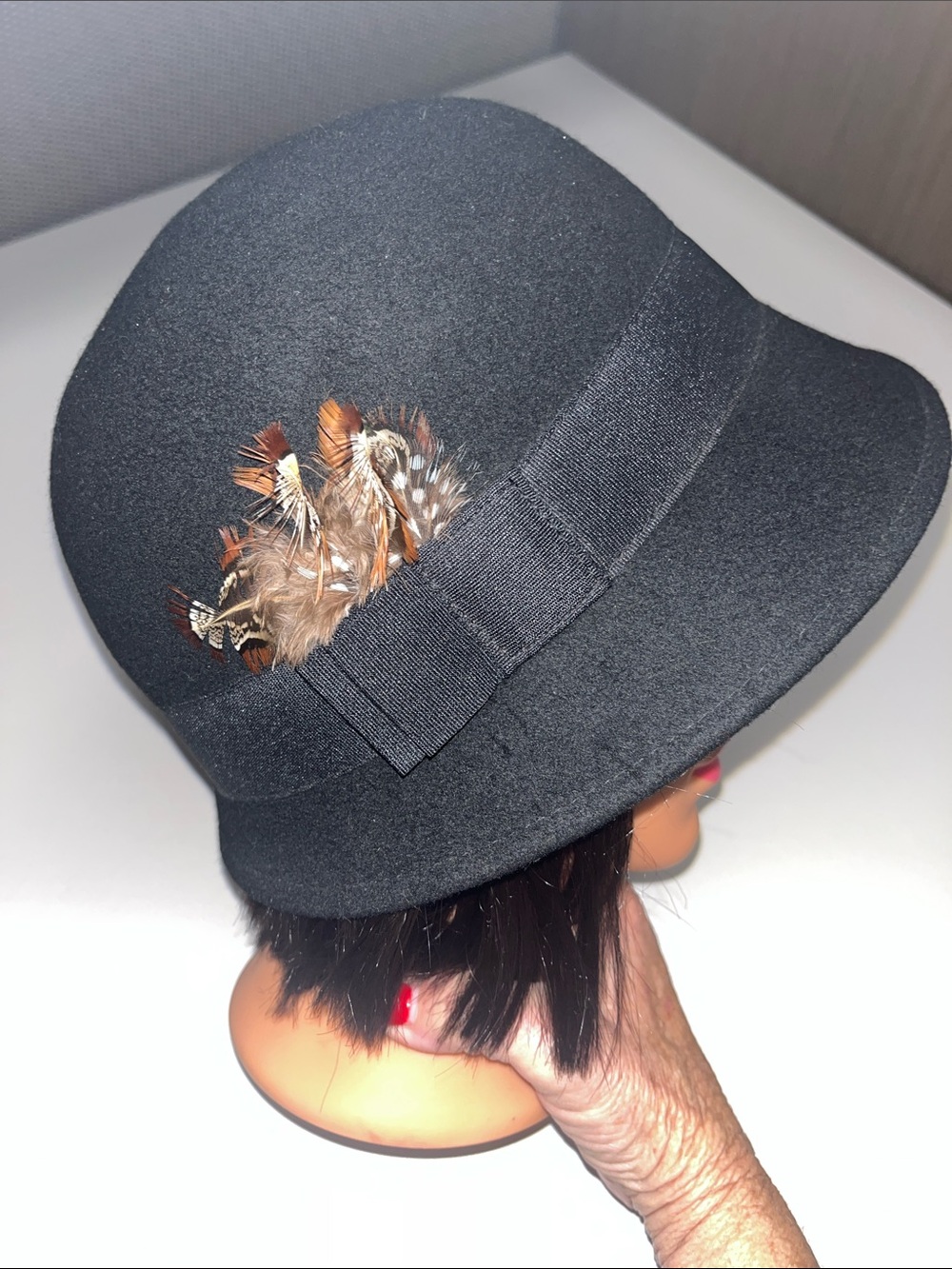 Source Unknown Black Wool Cloche Hat with Feather Trim